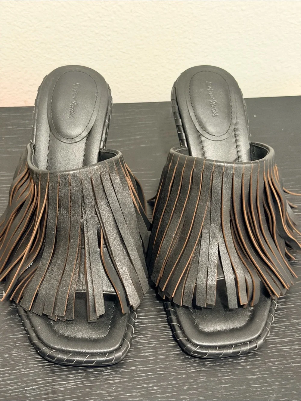 & Other Stories Black Leather Fringe Mule Heels Women's Size 8